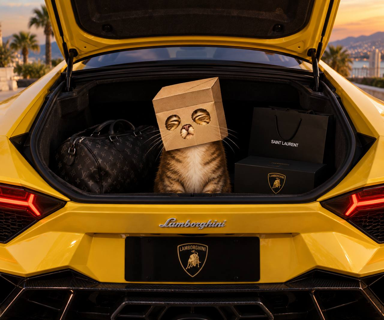 ANONCATE sitting in the open trunk of a yellow Lamborghini at sunset