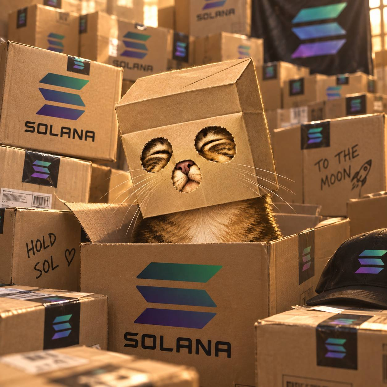 ANONCATE sitting inside a Solana-branded cardboard box surrounded by more boxes